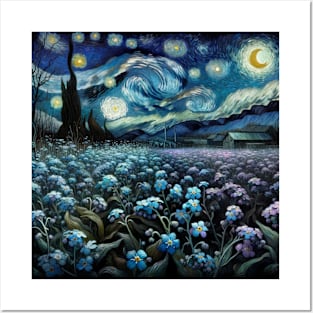 Enchanted Flower Garden Night: Forget-Me-Not Starry Floral Posters and Art